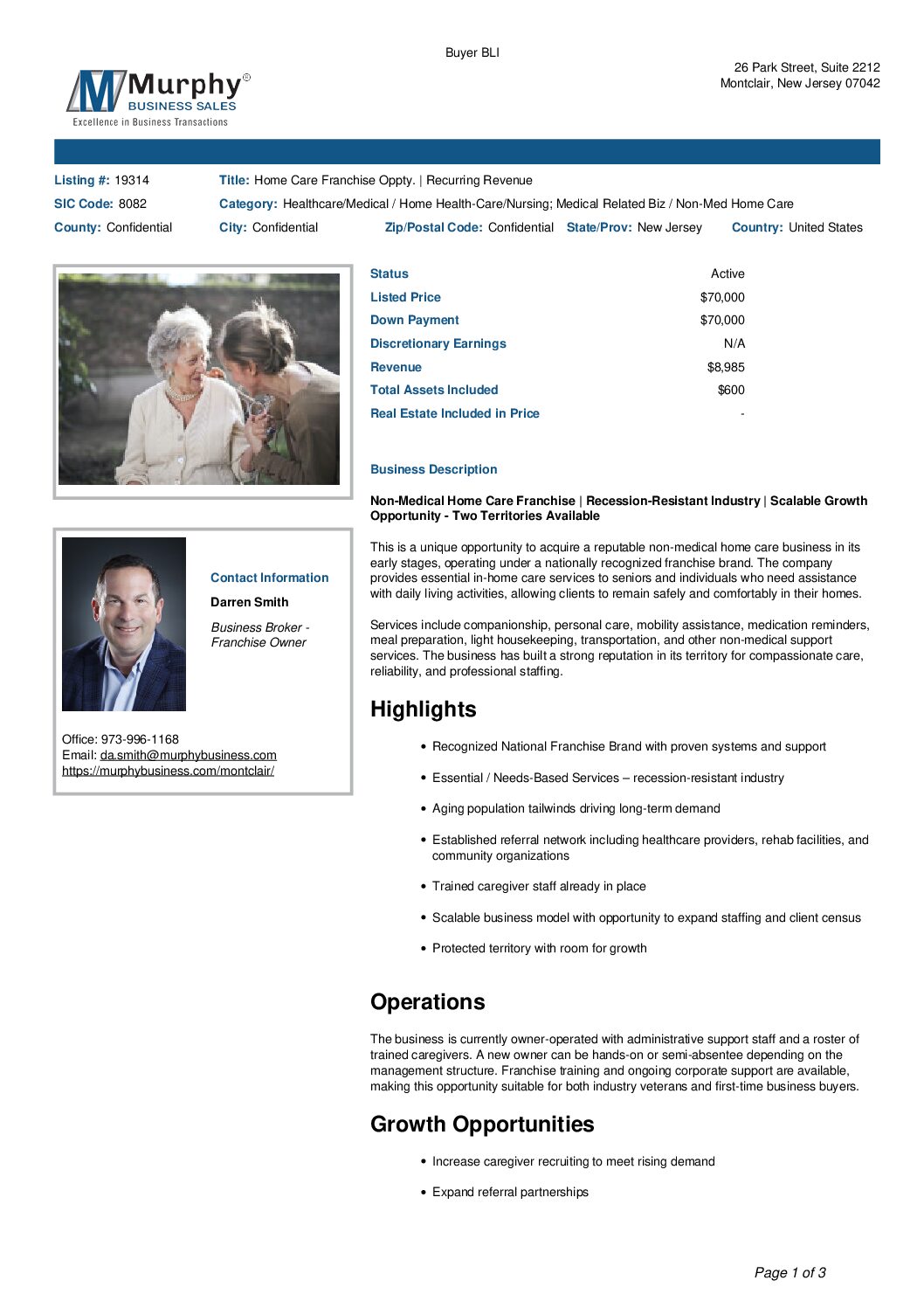 Home Care Franchise In New Jersey – 2 territories offered at discount